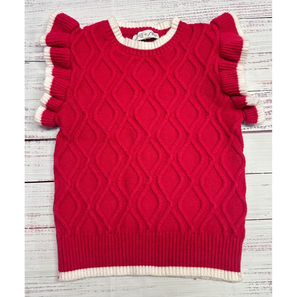 SHE+SKY Women's XS Red White Cable Knit Sweater Vest Sleeveless Game Day